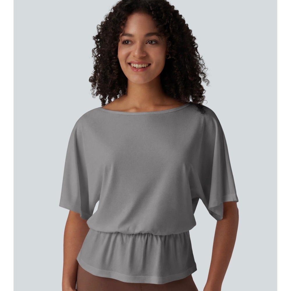 Halara Gray Boat Neck Half Sleeve Cinched Waist Work T-Shirt Size M